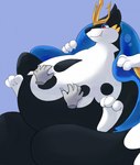 2022 2_tails ambiguous_gender belly belly_rub belly_squish black_body black_fur blue_background claws digital_drawing_(artwork) digital_media_(artwork) disembodied_hand duo empoleon fangs feet feral floatzel fur fur_markings generation_4_pokemon hand_on_belly hi_res high-angle_view hybrid_pokemon legs_up lying markings melee_weapon multi_tail multicolored_body multicolored_fur narrowed_eyes nintendo on_back overweight overweight_ambiguous overweight_feral pokemon pokemon_(species) polearm red_eyes semi-anthro simple_background smile soles solo_focus squish tail teeth trident two_tone_body two_tone_fur weapon white_body white_fur xeniyy