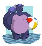 2022 2_horns anthro ball beach_ball belly belly_overhang bent_arm bent_leg big_belly black_stripes blue_hair blue_horn blue_spines blue_tail blue_tail_tuft chest_tuft colored convenient_censorship dragon eyes_closed fangs front_view fur furred_dragon furred_scalie hair hand_on_hip hi_res holding_beach_ball horn inflatable male moobs multicolored_body multicolored_fur mythological_creature mythological_scalie mythology navel nude_anthro nude_male obese obese_anthro obese_male overweight overweight_anthro overweight_male partially_submerged purple_body purple_fur scalie shaded short_hair simple_background simple_shading solo spines starghezer striped_body striped_fur stripes tail tail_tuft teeth theannoyingnpc thin_eyebrows toothy_grin tuft water