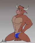 abs anthro artie_(artietheartbull) artietheartbull biceps bottomwear bovid bovine bulge cattle clothed clothing horn looking_at_viewer male mammal muscular muscular_anthro muscular_male nipples nude pants pecs simple_background smile solo underwear