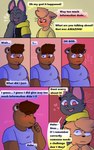 5:8 anthro bear blush brown_body brown_fur clothed clothing comic dialogue digital_media_(artwork) domestic_cat english_text facial_piercing felid feline felis fur grey_body grey_fur group hair heterochromia hi_res hybrid juno_(sleepywozzy) klenn_(sleepywozzy) male male/male mammal matt_(sleepywozzy) mature_anthro mature_male nose_piercing open_mouth orange_body orange_fur overweight piercing red_eyes septum_piercing shirt simple_background sleepywozzy smile speech_bubble text topwear trio whiskers