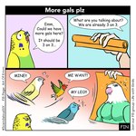 1:1 2024 annoyed art_of_emm avian bella_(art_of_emm) bird blue_body budgerigar comic dialogue digital_drawing_(artwork) digital_media_(artwork) emm_(art_of_emm) english_text female_(lore) feral flying gouldian_finch green_body heart_eyes heart_symbol human infatuation jessie_(art_of_emm) leo_(art_of_emm) loriinae lovebird male male_(lore) mammal multicolored_body offscreen_character parakeet parrot parrotlet pecs poster robin_(art_of_emm) scandalous_six speech_bubble text true_parrot yellow_body