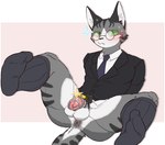 anthro anus black_anus black_body black_fur blush bodily_fluids bottomless business_suit butler chastity_cage chastity_device clothed clothing domestic_cat eyewear felid feline felis fur glasses green_eyes hi_res lock long_socks male mammal metal_chastity_cage multicolored_body necktie padlock simple_background sitting solani_poteto solo striped_body stripes suit sweat tail tail_anus three-quarter_view white_body white_fur