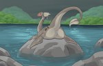 2024 absurd_res alorix blush butt dripping english_text female feral hi_res hill lake loch_ness_monster scotland sea_monster solo text water wet