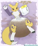 2024 absurd_res alternate_version_at_source anthro armwear bandai_namco big_diaper black_sclera blue_eyes blush blush_lines bodily_fluids clothing cum cum_in_diaper dialogue diaper diaper_tent digimon digimon_(species) dipstick_tail ejaculation erection erection_in_diaper feces fur genital_fluids hi_res holding_diaper imminent_diaper_change leg_markings looking_at_viewer male markings neck_tuft pooping renamon socks_(marking) soiled_diaper soiling soiling_diaper solo stink_fumes stink_lines tail tail_markings talking_to_viewer tenerius tomoe_(symbol) touching_diaper tuft unclean_diaper used_diaper yellow_body yellow_fur