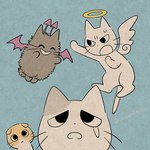 1:1 amayakasuneko ambiguous_gender angel angel_and_devil blue_background demon domestic_cat felid feline felis feral group halo mammal mojacookie nagameruneko official_art shikaruneko shikaruneko_(series) simple_background ureuneko whiskers