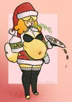 absurd_res animal_crossing anthro belly big_belly big_breasts bloated bra breasts burping canid canine canis christmas christmas_clothing clothing cookie costume damndirtierdog dessert domestic_dog eggnog female food hi_res holidays isabelle_(animal_crossing) legwear mammal nintendo nintendo_switch onomatopoeia open_mouth overweight overweight_female rumbling_stomach santa_costume solo sound_effects stuffing text thick_thighs thigh_highs underwear weight_gain