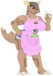 anthro anthrofied apron big_breasts boob_hat bottomwear bracelet breasts brown_body brown_eyes clothing daughter_(lore) duo female generation_1_pokemon hi_res huge_breasts jewelry kangaskhan mother_(lore) mother_and_child_(lore) mother_and_daughter_(lore) nintendo parent_(lore) parent_and_child_(lore) parent_and_daughter_(lore) pokeball pokemon pokemon_(species) pokemorph purple_body red_eyes shirt shorts simple_background tail teeth topwear urusee584 white_background