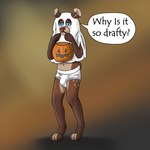 anthro barefoot bear black_text blue_eyes blush briefs brown_background bulge clothed clothing confusion detailed_background dialog_balloon english_text feet ghost_costume halloween hi_res holding_object holidays jake_(smokeyrooster) male mammal monotone_briefs monotone_clothing monotone_underwear pantsless pantsless_male simple_background smile smokeyrooster solo text tighty_whities underwear white_briefs white_clothing white_underwear