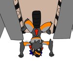 4_toes 5_fingers abdominal_bulge animal_genitalia anthro arm_tuft black_outline blue_hair ear_markings elbow_tuft feet fingers flat_colors genitals grey_body hair henrytheprotogay knee_tuft knot leg_tuft lying machine male multicolored_body neck_tuft on_back orange_body orange_eyes orange_mouth outline penis protogen protogen_armor protogen_visor red_ears red_penis signature solo spiral_eyes spreading tank toes tuft vehicle