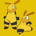 1:1 2024 4_fingers antennae_(anatomy) anthro arthropod arthropod_abdomen bee belly belly_overhang big_eyes black_body cel_shading crispycreamxd digital_media_(artwork) featureless_crotch featureless_feet feet fingers hi_res hymenopteran insect lidded_eyes looking_at_viewer looking_back looking_back_at_viewer male mouthless multicolored_body multiple_images navel no_pupils nude overweight overweight_anthro overweight_male ruff shaded sitting solo standing stinger thick_thighs two_tone_body yellow_body yellow_eyes