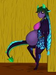 3:4 absurd_res anthro bbear belly big_belly big_breasts biped bite biting_lip biting_own_lip bottomwear bra breasts butt clothed clothing dated digital_media_(artwork) dragon female glowing glowing_eyes hair hi_res horn hut loincloth long_hair looking_at_viewer lucie_(blueclaws) markings multicolored_body multicolored_hair mythological_creature mythological_scalie mythology pose pregnant pregnant_anthro pregnant_female pregnant_pred scalie self_bite signature simple_background smile solo spots spotted_body standing tail teeth thick_thighs underwear wings yellow_eyes