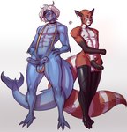 2_penises abs ailurid anthro athletic athletic_anthro athletic_male balls black_body black_fur blue_body blue_scales bottomless bottomless_anthro bottomless_male cheek_tuft choker clothed clothing crop_top diphallism duo elbow_fin erection facial_hair facial_tuft femboy fin fish footwear foreskin fur genitals gills goatee grin hair half-closed_eyes horizontal_diphallism humanoid_genitalia humanoid_penis jamesab jewelry male mammal marine multi_genitalia multi_penis multicolored_body multicolored_fur muscle_tone narrowed_eyes neck_gills necklace pecs penis red_panda scales shark sharp_teeth shirt skimpy smile tail tail_fin teeth toeless_footwear toeless_legwear toeless_stockings topwear tuft two_tone_body two_tone_fur white_hair