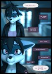 3d_(artwork) anthro black_hair blue_body blue_fur clothing comic dialogue digital_media_(artwork) english_text female fur hair hi_res jacket leather leather_clothing leather_jacket leather_topwear mammal markings midriff procyonid purple_eyes raccoon ryder_(striped_sins) sad shirt solo speech_bubble striped_markings striped_sins striped_tail stripes t-shirt tail tail_markings text topwear url willitfit