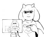 anthro boss_monster_(undertale) bovid breasts caprine clothing digital_media_(artwork) droste_effect english_text female fur hair horn humor i_can_see_forever inkerton-kun mammal meme meta mise_en_abyme monochrome sign simple_background smile solo text toriel undertale undertale_(series) white_body white_fur