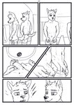 aariel_(wolfyalex96) abs anthro athletic axel_(wolfyalex96) bathroom canid canine claws clothed clothing comic digital_media_(artwork) duo exclamation_point fangs finger_claws flaccid foreskin genitals hi_res humanoid_genitalia humanoid_penis inside looking_at_another male male/male mammal medibang_paint_(artwork) monochrome navel page_number penis public_restroom simple_background smile swimming_trunks swimwear teeth toe_claws topless topless_male urinal urinal_peeking urine_stain vein veiny_penis white_background wolfyalex96