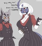 2022 absol anthro artist_name biped blue_body breasts cleavage clothed clothing cooliehigh dialogue duo english_text female generation_3_pokemon grey_body hi_res male mightyena nintendo open_mouth pokemon pokemon_(species) red_eyes simple_background text white_body