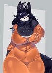 anthro big_breasts black_body black_fur black_hair bone breasts canid canine clothed clothing female fingers fur hair hi_res huge_breasts jumpsuit malo mammal scp-1471 scp-1471-a scp_foundation simple_background skull skull_head smile solo tail thick_thighs woozie