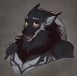 absurd_res anthro black_nose bust_portrait canid canine canis eyebrows fangs fur grey_body grey_fur hi_res male mammal mane marcie_montis nude open_mouth portrait smile solo teeth thick_eyebrows unnamed_character watermark wolf yellow_sclera