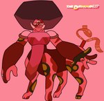 alien cartoon_network cloven_hooves fan_character female frown garnet_(steven_universe) gem gem_(species) gem_fusion hair hi_res hooves jasper_(steven_universe) markings painite_(thediamond637) red_body red_theme ring_(marking) solo spots spotted_body steven_universe tail taur thediamond637 tusks unusual_anatomy unusual_tail