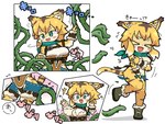 anthro blonde_hair blush boots boots_only bottomwear breasts chaps claws clothed clothing covering covering_breasts covering_crotch covering_self cygames embarrassed explorer exposed felid female footwear footwear_only fur green_eyes hair hi_res japanese_text kemono kuto_tubuyaki mammal mia_(world_flipper) mostly_nude navel pantherine plant scarf sequence shoes shorts snagged solo straps striped_hair text thorns tiger topwear torn_clothing translation_request under_boob vine_tentacles vines world_flipper xd yellow_body yellow_fur