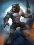 2024 abs anthro biceps blizzard_entertainment blue_eyes bottomwear building canid claws clothed clothing digitigrade fangs finger_claws fur grey_body grey_fur hi_res male mammal muscular muscular_anthro muscular_male notsophatmatt open_mouth outside pecs pinup pose quads rooftop scar sharp_teeth solo teeth toe_claws tongue topless triceps warcraft were werecanid worgen