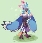 2017 3_toes accessory anklet anthro armor avian avian_feet beak belt biped bird black_beak black_body black_claws black_feathers black_wings blue_body blue_feathers blue_tail blue_wings bottomwear breastplate breath_of_the_wild chest_tuft claws clothing countershade_tail countershade_torso countershading digital_drawing_(artwork) digital_media_(artwork) eye_markings eyelashes eyeshadow fanny_pack feather_tuft feathered_crest feathered_wings feathers feet femboy flower flower_in_hair footwear front_view full-length_portrait green_background grey_body grey_skin ground-lion hair hair_accessory half-closed_eyes head_crest head_tuft jewelry kass_(tloz) leather leather_armor looking_down loose_feather makeup male map markings midriff multicolored_body multicolored_feathers multicolored_wings musical_note musical_symbol narrowed_eyes neck_tuft nintendo pants pauldron plant portrait rito scarf shadow simple_background singing smile solo standing symbol tail tail_feathers talons the_legend_of_zelda toe_claws toeless_footwear toes tuft two_tone_tail white_body white_bottomwear white_clothing white_feathers white_wings winged_arms wings yellow_body yellow_countershading yellow_feathers yellow_tail yellow_wings