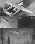 4:5 absurd_res air_force aircraft airplane anthro attack bladapacha c119 comic death death_from_above deer flying forest greyscale hi_res long_story machine mammal military monochrome parachute paratrooper plant radar sky sky_dive skyscape solo story story_in_description taking_off tree vehicle war zero_pictured