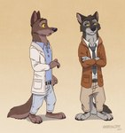 2023 aar0njay anthro anthrofied artist_name balto balto_(series) barefoot black_body black_fur blue_eyes brown_body brown_fur canid canine canis cheek_tuft clothed clothing crossed_arms duo facial_tuft feet fully_clothed fur gradient_background grey_body grey_fur hi_res hybrid looking_at_another mammal simple_background standing togo tuft universal_studios wolf wolfdog yellow_background yellow_sclera