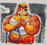 anthro bear belly blonde_hair brown_body brown_fur bulge clothing fur hair harold_grifter kofu_grizzly_chubby male mammal muscular muscular_male pubes racket red_clothing solo traditional_media_(artwork) ursine