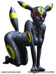 2011 3:4 anthro anthrofied bodysuit bound breast_squish breasts clothing eeveelution encasement female generation_2_pokemon human kemono_inukai kneeling latex latex_clothing latex_skinsuit mammal nintendo pokemon pokemon_(species) pokemorph red_eyes rubber_clothing skinsuit solo squish tight_clothing umbreon