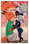 2018 akiric anthro barefoot belt border bulletproof_vest canid canine clothed clothing comic crouching dipstick_ears disney duo ear_markings eyes_closed feet female fox gloves_(marking) hand_on_chest inside judy_hopps kissing kneeling lagomorph leporid male male/female mammal markings multicolored_ears nick_wilde on_one_knee police police_uniform rabbit red_fox standing true_fox uniform wet white_border zootopia