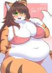 2024 ahoge anthro belly belly_overhang big_breasts bikini blush blush_lines border bra breasts brown_hair brown_stripes catkey_(huhunya) chest_tuft cleavage clothed clothing cute_fangs felid female fur green_eyes hair heart_(marking) hi_res huge_breasts kemono leg_tuft looking_at_viewer mammal markings muffin_top multicolored_body multicolored_fur navel neck_tuft open_mouth open_smile orange_body orange_fur overweight overweight_anthro overweight_female pantherine panties pink_background pink_bikini pink_clothing pink_nose pink_swimwear pink_underwear signature simple_background sitting smile solo striped_body striped_fur stripes swimwear thick_thighs tiger tuft two-piece_swimsuit two_tone_body two_tone_fur ukenya underwear underwear_only white_body white_border white_fur