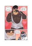 2023 absurd_res anthro aroused badger bear beard big_pecs blush body_blush body_hair border bulge butt butt_blush butt_hair clothing colored comic delivery_(commerce) delivery_employee deliverymutt detailed_bulge dialogue duo english_text facial_hair genital_outline hair hat_over_eyes heart_background hi_res horn howlitebadger hybrid male male/male mammal musclegut muscular muscular_anthro muscular_male mustelid musteline nipples outside_border pecs penis_outline porn_logic postal_carrier postal_delivery short-faced_bear simple_background slightly_chubby spectacled_bear speech_bubble text tight_clothing translucent translucent_clothing uku wrestling_singlet