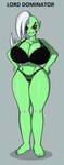 2022 5_toes alien alien_humanoid big_breasts bra breasts cleavage clothed clothing disney english_text feet female fingers freckles full-length_portrait garabatoz green_body green_skin grey_background grin hair hands_on_own_hips hi_res huge_breasts humanoid humanoid_pointy_ears long_hair lord_dominator navel noseless not_furry panties pink_sclera portrait sharp_teeth simple_background smile solo standing teeth text thick_thighs toes underwear wander_over_yonder wide_hips