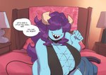 bed big_breasts blue_body breasts cleavage clothed clothing colored_nails detailed_background devilchild dialogue dildo english_text female furniture hair hair_over_eyes hi_res horn horned_humanoid huge_breasts humanoid lamp monster nails not_furry peculiart purple_hair sex_toy sharp_teeth smile solo speech_bubble sue_(peculiart) tail talking_to_viewer teeth text