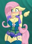 2018 anthro anthrofied blue_eyes blush breasts choker cleavage clothed clothing equid equine female fingerless_gloves fluttershy_(mlp) friendship_is_magic gloves green_background handwear hasbro jewelry jrvanesbroek legwear lingerie mammal my_little_pony mythological_creature mythological_equine mythology necklace panties pegasus shy simple_background solo stockings underwear wings