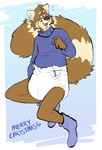 ailurid anthro blue_background blush brown_body brown_fur clean_diaper clothed clothing diaper footwear fur hi_res male mammal merry_christmas pantsless pantsless_anthro pantsless_male red_panda simple_background slusheep socks solo sweater tan_body tan_fur topwear wearing_diaper white_background