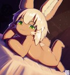 absurd_res ambiguous_gender anthro bite biting_lip digital_media_(artwork) fur green_eyes hair hi_res made_in_abyss nanachi nude outline reg_(made_in_abyss) simple_background skalelsky smile smiling_at_viewer smug_expression solo startled suggestive_pose tan_body tan_fur white_hair white_outline