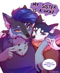 2023 5_fingers anthro blue_eyes blue_hair breasts canid canine canis chest_tuft clothed clothing cover cover_art cover_page digital_media_(artwork) domestic_dog duo eba_(myoniis) english_text eyebrows eyelashes female fingers fur grey_body grey_fur hair hi_res husky inner_ear_fluff jacket looking_at_viewer male mammal multicolored_body multicolored_fur myoniis nordic_sled_dog orange_eyes simple_background sky_(myoniis) smile speech_bubble spitz text topwear tuft wolf