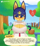 2021 absurd_res alternate_version_at_source animal_crossing ankha_(animal_crossing) anthro big_breasts blue_eyes blue_eyeshadow blue_hair blush breasts cleavage cleavage_cutout clothed clothing curvy_figure cutout detailed_background dialogue digital_media_(artwork) domestic_cat english_text eyelashes eyeshadow felid feline felis female flustered fur gammainks gift grass hair header header_box heart_symbol hi_res holding_gift holding_object huge_breasts keyhole_turtleneck looking_aside makeup mammal nintendo number numbered_heart outside plant romantic short_hair signature solo standing sweater talking_to_viewer text text_box topwear tree turtleneck white_clothing white_sweater white_topwear yellow_body yellow_fur