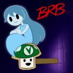 1:1 blue_body blue_hair blue_skin cardboard english_text female fungus ghost hair humanoid knoxrobbins looking_at_viewer mushroom not_furry sitting smile solo specimen_1 spirit spooky's_jump_scare_mansion spooky_(sjm) text vinesauce vineshroom