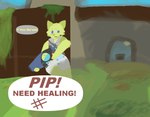 anthro bodily_fluids canid canine clean_diaper cloth_diaper clothed clothing dialogue diaper duo fox healing hi-rez_studios male mammal paladins_(game) pantsless pip_(paladins) potion_launcher silhouette srcfur sweat sweatdrop weapon wearing_diaper worried