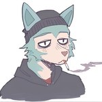 1:1 anthro beastars black_clothing black_hoodie black_topwear blue_body blue_fur canid canine canis cigarette clothing disappointed doomer_(meme) doomer_wojak fur hat headgear headwear hoodie legoshi_(beastars) male mammal meme sad smoke smoking smoking_cigarette solo topwear unknown_artist upset wolf