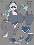 absurd_res anthro big_breasts big_butt breasts butt canid canine canis cassandra_(fennythefox) clothing english_text female fennythefox hands_behind_head hi_res huge_breasts mammal model_sheet simple_background smile smiling_at_another solo text thick_thighs wide_hips wolf