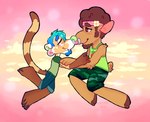 2016 4_fingers 4_toes 5_fingers accessory afro anthro arm_tuft artist_name barefoot bent_legs blue_bottomwear blue_clothing blue_eyebrows blue_facial_hair blue_goatee blue_hair blue_shorts blush blush_lines bottomwear bovid brown_body brown_claws brown_eyebrows brown_facial_hair brown_fur brown_goatee brown_hair brown_hooves brown_stripes brown_tail camo camo_bottomwear camo_clothing camo_print camo_shorts caprine cheek_tuft chot_(chotpot) chotpot claws clothing cloven_hooves coati colored cutoffs dated denim denim_bottomwear denim_clothing digital_drawing_(artwork) digital_media_(artwork) duo ear_piercing elbow_tuft eye_contact eyebrows facial_hair facial_piercing facial_tuft fangs feet fingers fur goatee green_bottomwear green_clothing green_inner_ear green_nose green_shirt green_shorts green_t-shirt green_tank_top green_topwear hair hand_on_arm headband hooves interspecies joey_(chotpot) lip_piercing long_tail looking_at_another love male male/male male_anthro mammal markings nose_piercing nose_ring pattern_bottomwear pattern_clothing pattern_shorts paws piercing pink_background pink_headband pink_inner_ear procyonid ring_piercing romantic romantic_couple shaded sheep shirt short_hair short_tail shorts side_view sideburns simple_background simple_shading smile smiling_at_another smiling_at_each_other smiling_at_partner striped_markings striped_tail stripes t-shirt tail tail_markings tank_top teal_hair teeth text thick_eyebrows toes topwear tuft