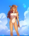 4:5 absurd_res anthro beach breasts brown_body brown_fur brown_hair day deer detailed_background digital_media_(artwork) duderedblue female fur genitals green_eyes hair hi_res long_hair looking_at_viewer mammal nipples nude outside pussy sea sky solo standing summer water