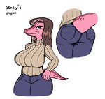 anthro big_breasts big_butt breasts brown_hair butt cavemanon_studios clothed clothing curvy_figure dinosaur female goodbye_volcano_high hair long_hair looking_at_viewer low_res mature_female orange_bongo pink_body pink_eyes pink_skin prehistoric_species rear_view reptile scalie short_tail simple_background snoot_game solo stacy's_mom_(gvh) sweater tail topwear wide_hips