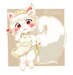 2019 anthro big_tail blush breasts canid canine clothed clothed_female clothing concon-collector deaic digital_media_(artwork) dress female fluffy fluffy_tail fox full-length_portrait fur genitals hi_res huge_tail kemono maid_headdress mammal open_mouth open_smile portrait pussy raised_clothing raised_dress red_eyes shaded shortcake_fox smile solo standing tail tan_dress white_body white_fur