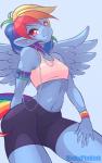 absurd_res anthro anthrofied apple_inc. blue_body blue_feathers blue_fur blue_skin bottomwear bra breasts clothed clothing cutie_mark earbuds electronics equid equine feathered_wings feathers female friendship_is_magic fur hair half-closed_eyes hasbro headphones hi_res ipod kinkypinkink looking_at_viewer mammal multicolored_hair multicolored_tail my_little_pony mythological_creature mythological_equine mythology narrowed_eyes navel pegasus portable_music_player rainbow_dash_(mlp) rainbow_hair rainbow_tail shorts simple_background small_breasts smile solo spandex spandex_shorts sports_bra tail tight_bottomwear tight_clothing tight_shorts underwear white_background wings