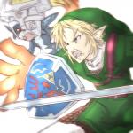 1:1 2016 370ml aggressive blue_eyes duo ear_piercing female hair humanoid hylian hylian_shield link male master_sword melee_weapon midna nintendo not_furry orange_hair piercing red_eyes shield simple_background sword teeth the_legend_of_zelda thick_thighs tongue twili twilight_princess weapon white_background